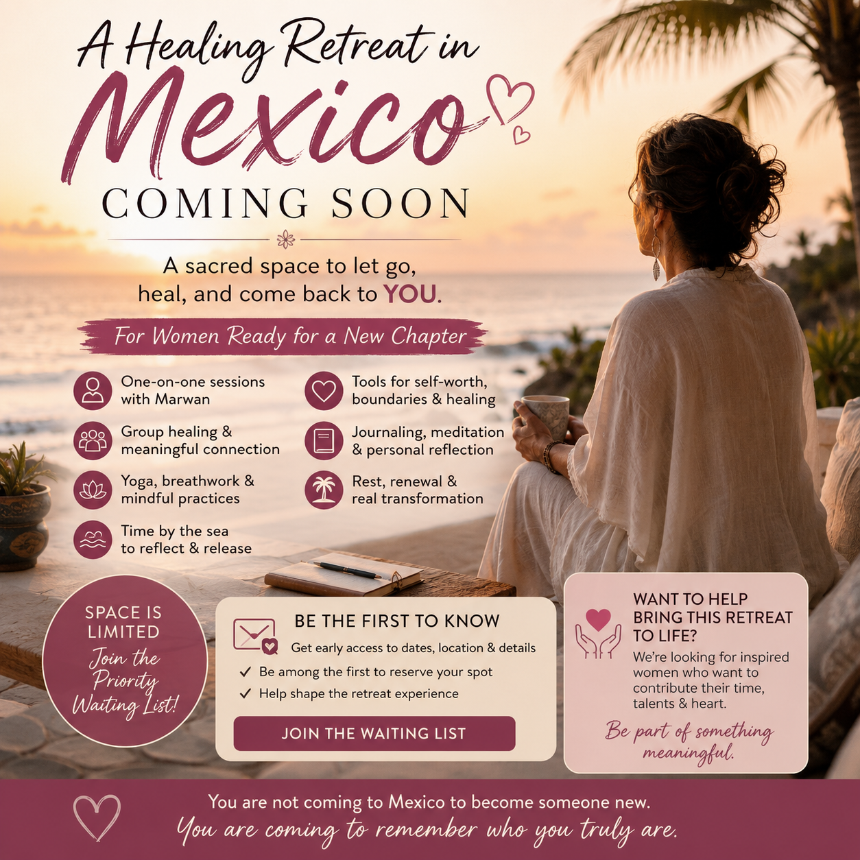 A healing retreat in Mexico for women — coming soon. A woman sits peacefully by the sea at sunset.